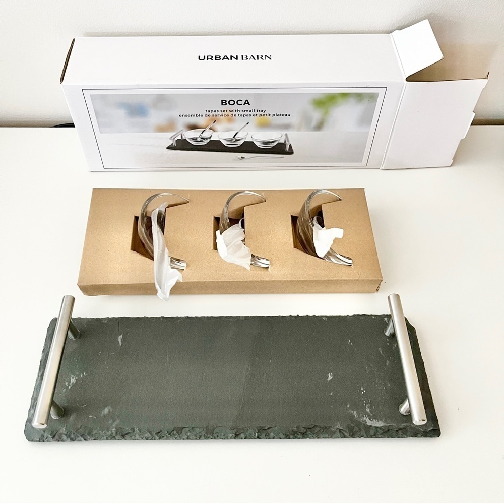 NWT Urban Barn Boca 7pc Tapas Set Bowls & Spoons w/ Slate Tray Serving Board